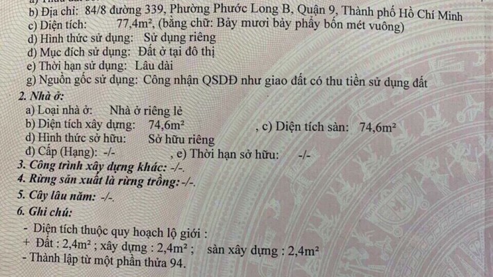 Bán Đất hẻm 84 đường 339, phường Phước Long B, quận 9. DT 77m2 giá 4,350 tỷ 