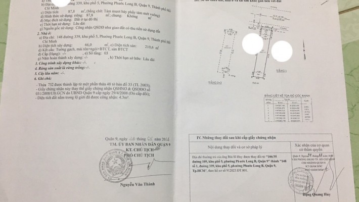 Bán gấp nhà chính chủ mặt tiền đường 339, phường Phước Long B, quận 9. DT sàn 210.6 m2, giá 8.75 tỷ.